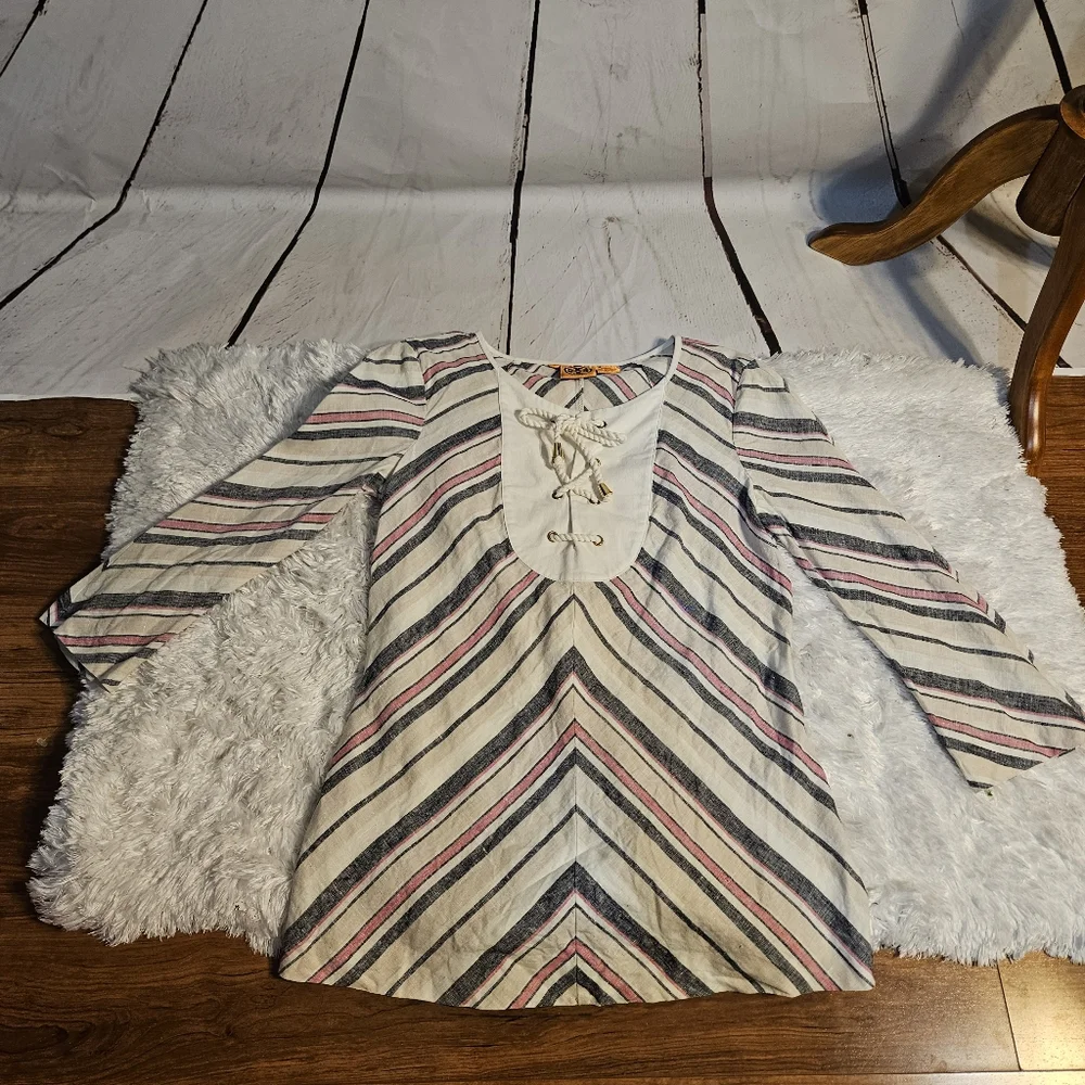 Tory Burch Top Striped‎ 3/4 Sleeve Lace Up Neckline Pink Navy White Size 6